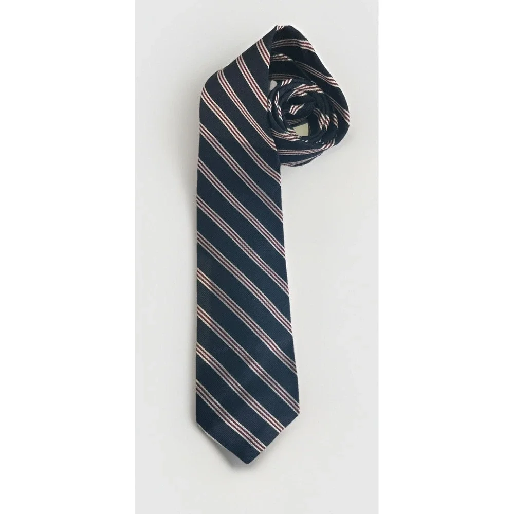 Vtg Philippe Perrier Repp Striped Silk Tie Navy Blue With Red & White Classic